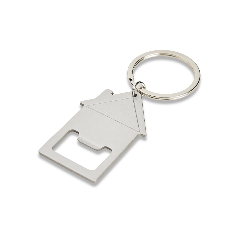 Chaveiro abridor formato casa de inox personalizado com a logo da empresa