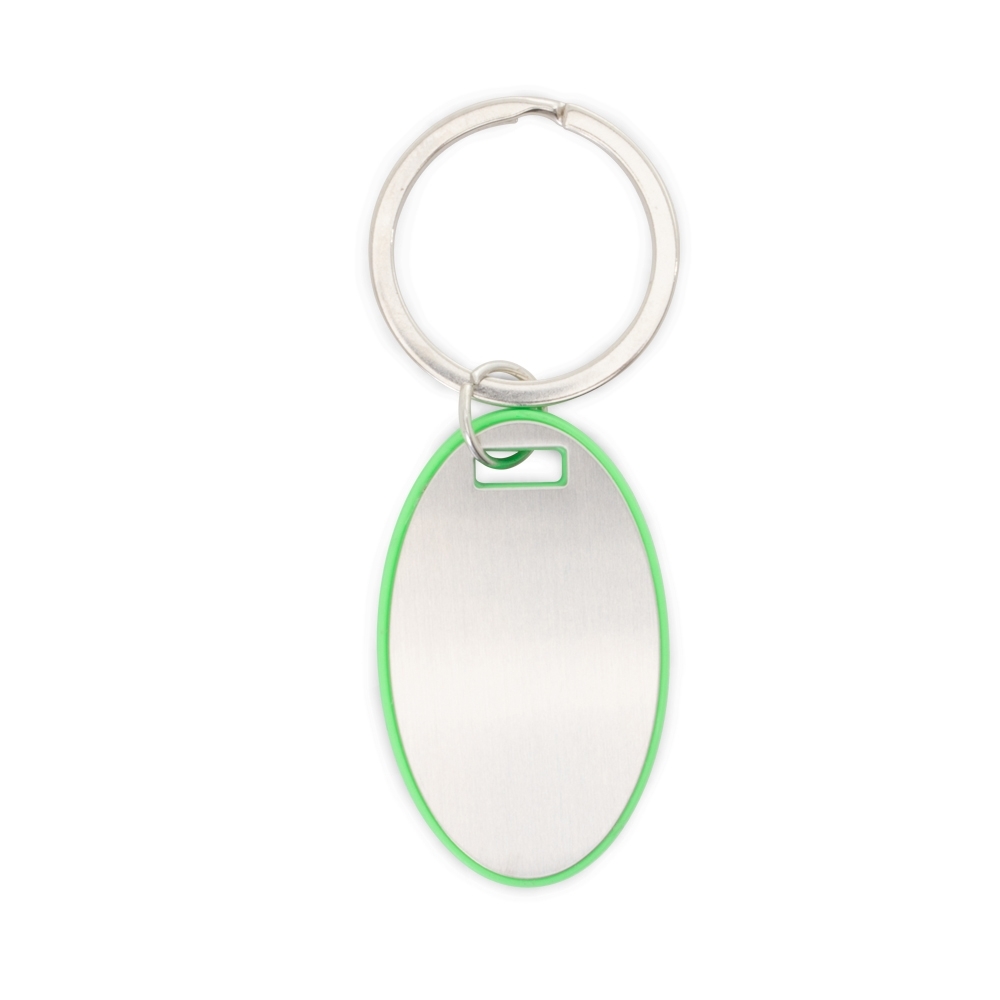 Chaveiro oval plástico e metal na cor Verde / Prata, personalizado com a logo da empresa