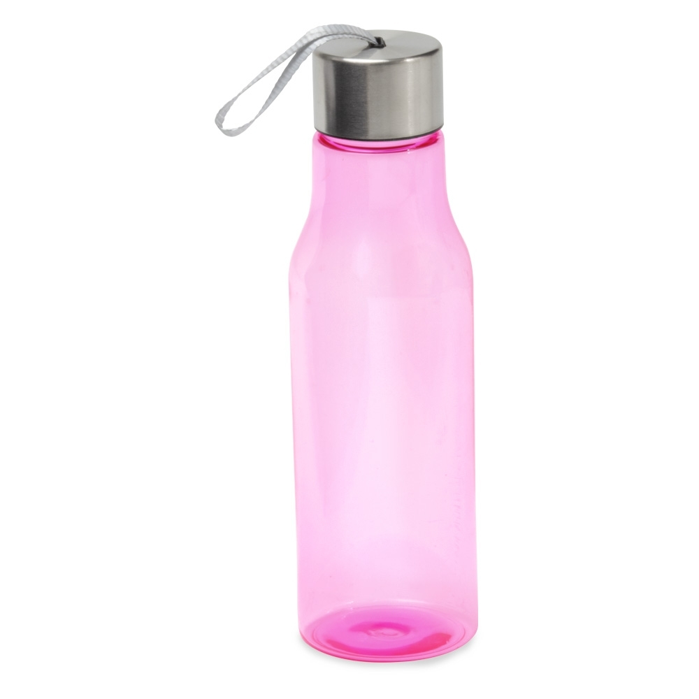Garrafa plástica 600 ml com alça personalizada com a logo da empresa, na cor rosa / prata