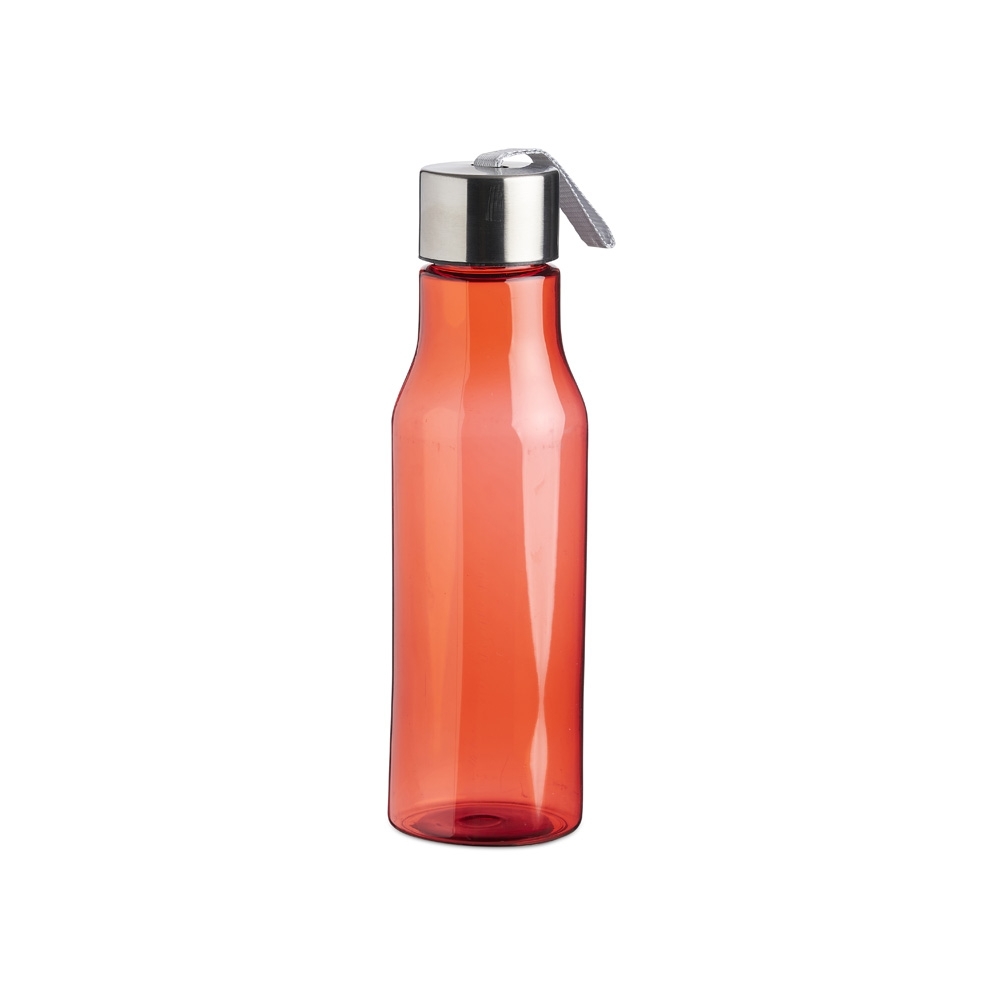 Garrafa plástica 600 ml com alça personalizada com a logo da empresa, na cor vermelho / prata