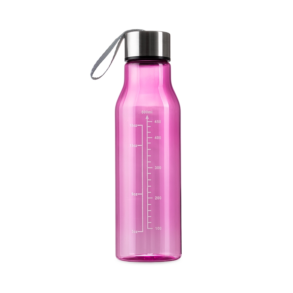 Garrafa plástica 615 ml com alça personalizada com a logo da empresa, na cor rosa