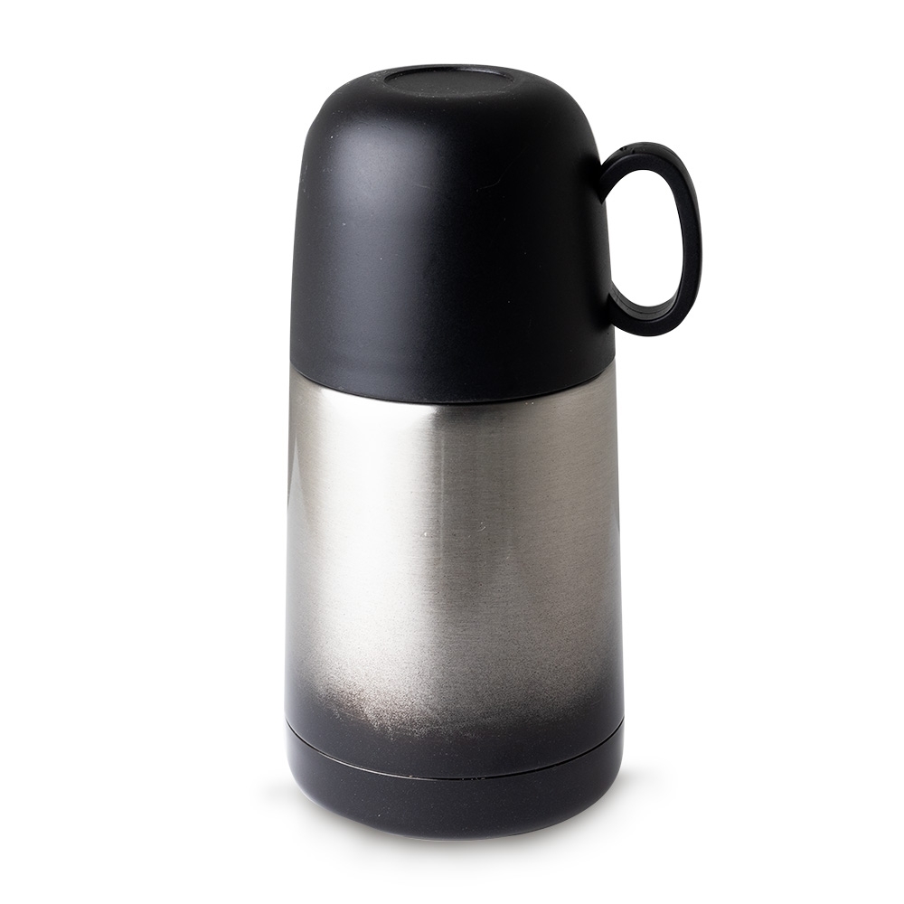 Garrafa térmica de 230 ml com tampa de botão e alça personalizada com a logo da empresa
