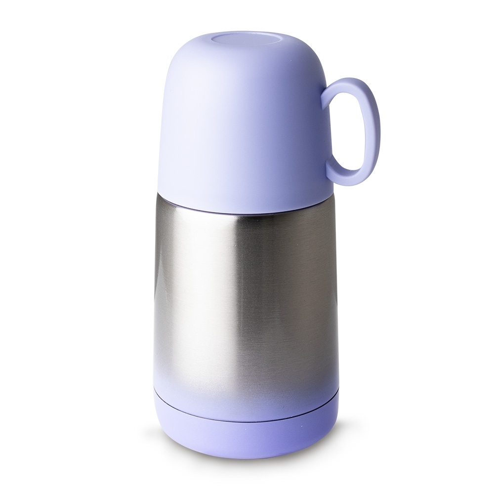 Garrafa térmica de 230 ml com tampa de botão e alça personalizada com a logo da empresa, na cor lilás / inox