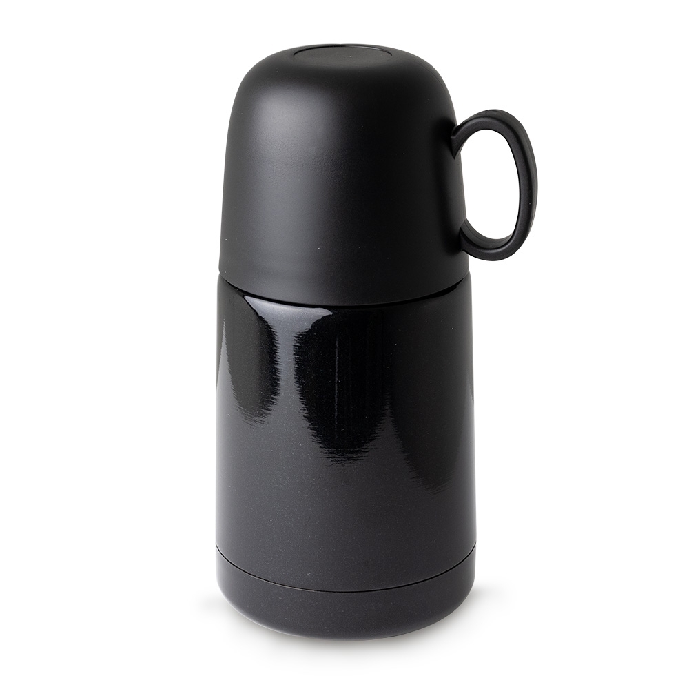 Garrafa térmica de 230 ml com tampa de botão e alça na cor Preto, personalizada com a logo da empresa