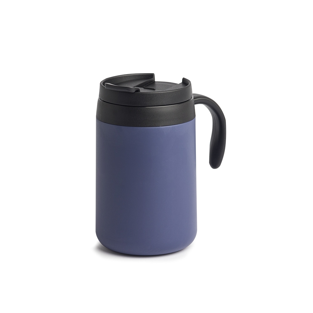 Caneca térmica 500 ml de inox com alça personalizada com a logo da empresa, na cor azul / preto