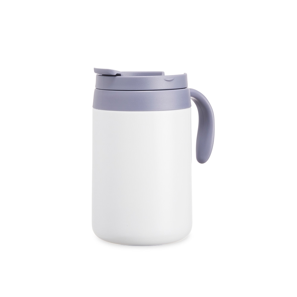 Caneca térmica 500 ml de inox com alça personalizada com a logo da empresa, na cor branco / cinza