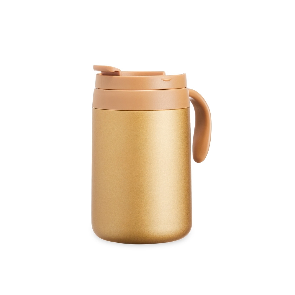 Caneca térmica 500 ml de inox com alça personalizada com a logo da empresa, na cor dourado