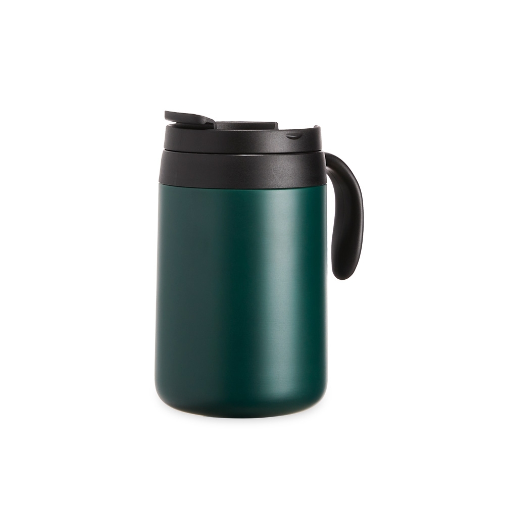 Caneca térmica 500 ml de inox com alça personalizada com a logo da empresa, na cor verde / preto