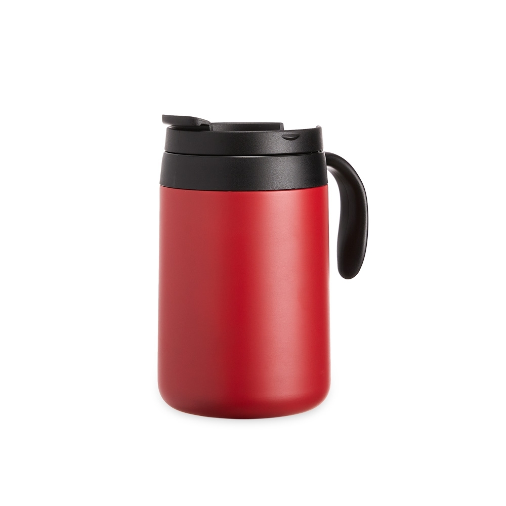 Caneca térmica 500 ml de inox com alça personalizada com a logo da empresa, na cor vermelho / preto
