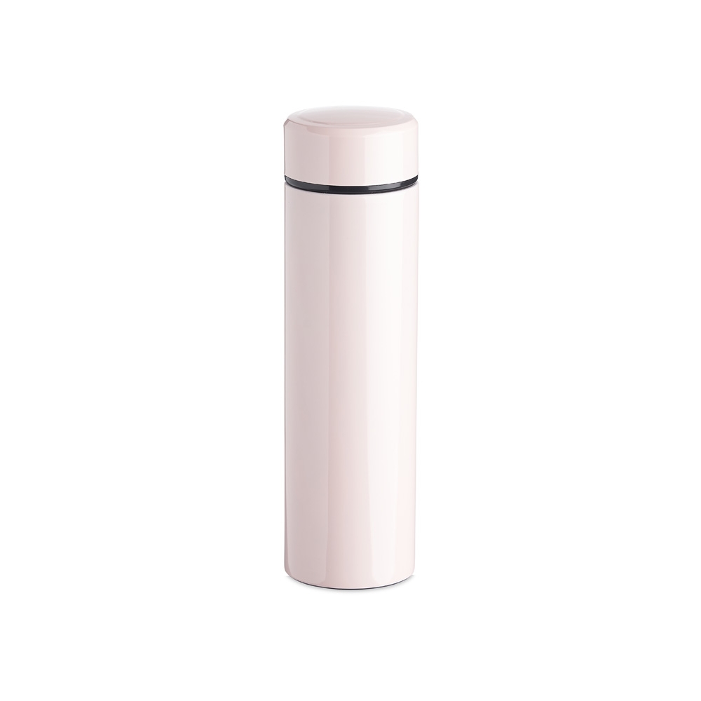 Garrafa térmica 500 ml de inox brilhante com infusor personalizada com a logo da empresa, na cor rosa claro