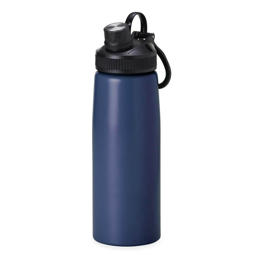 Squeeze inox 900 ml com alça personalizado com a logo da empresa, na cor azul escuro / preto