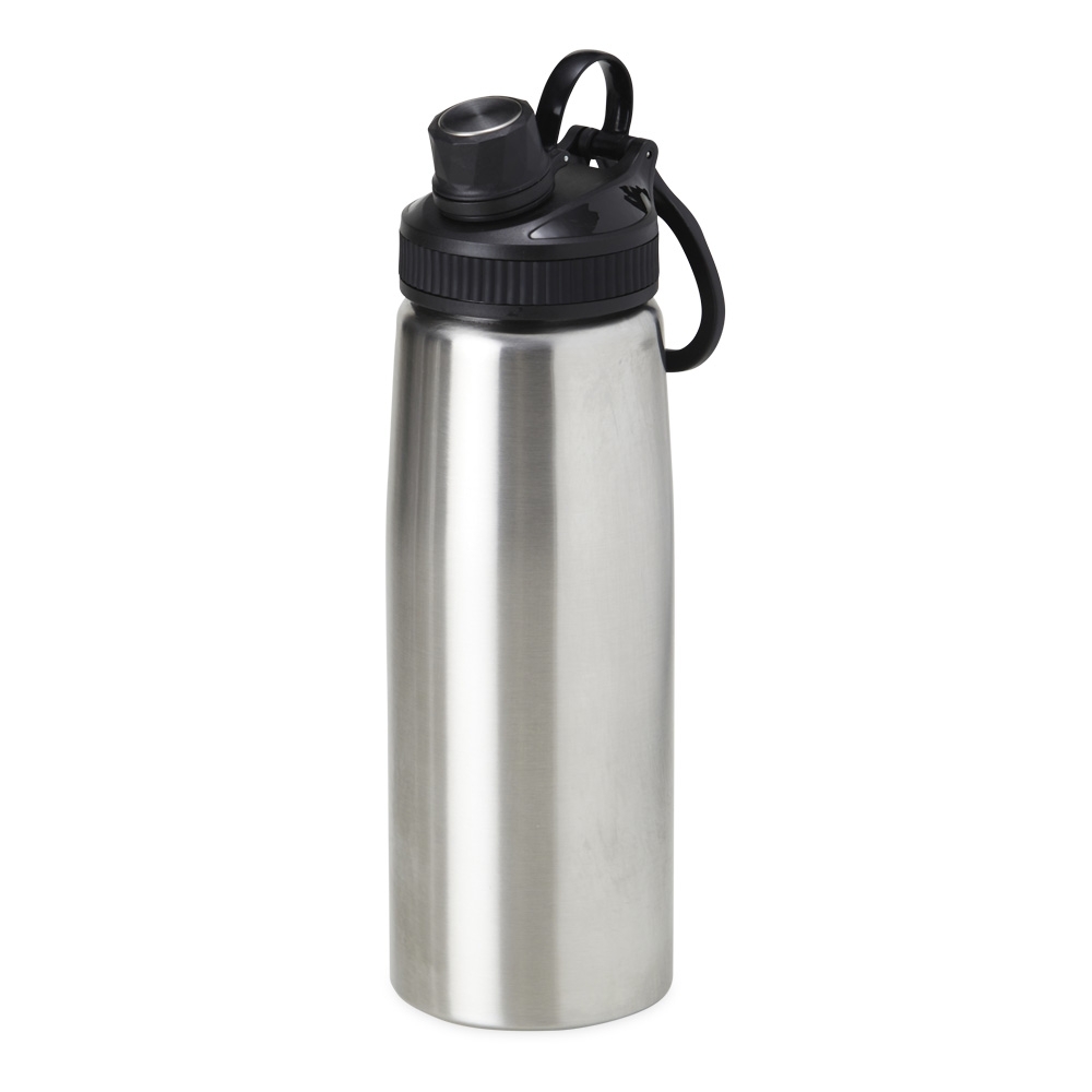 Squeeze inox 900 ml com alça personalizado com a logo da empresa, na cor inox / preto