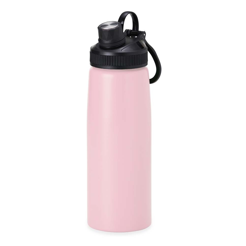 Squeeze inox 900 ml com alça personalizado com a logo da empresa, na cor rosa claro / preto