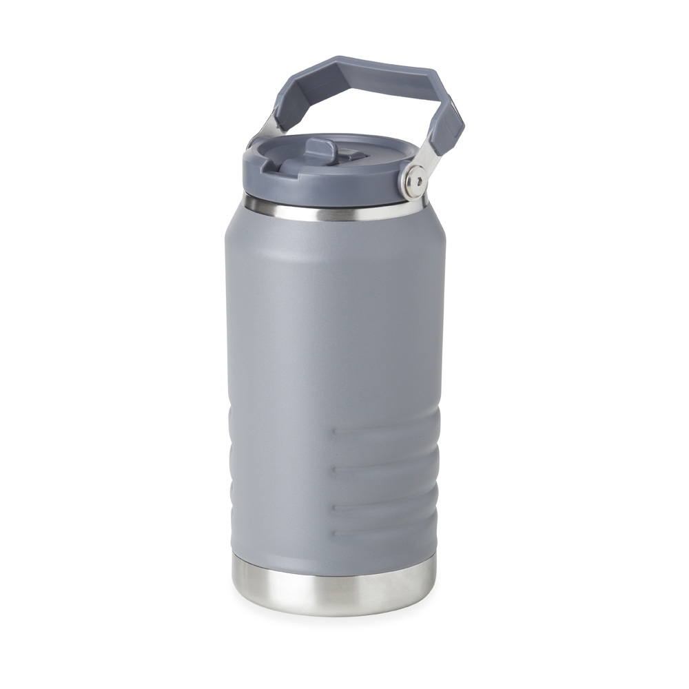 Garrafa térmica 1,1 litro com canudo e alça personalizada com a logo da empresa, na cor cinza