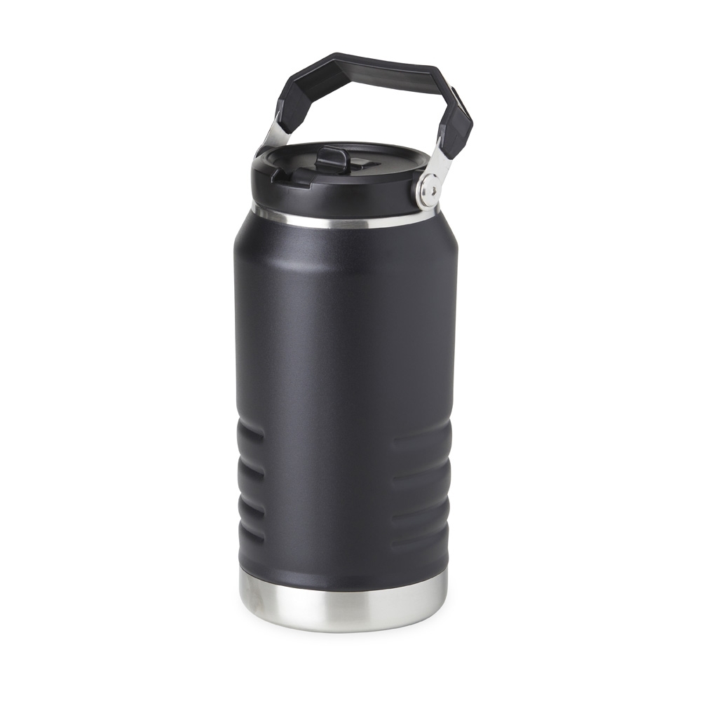 Garrafa térmica 1,1 litro com canudo e alça na cor Preto, personalizada com a logo da empresa