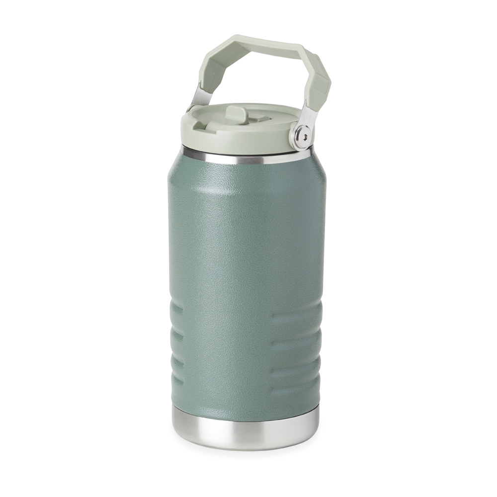 Garrafa térmica 1,1 litro com canudo e alça personalizada com a logo da empresa, na cor verde