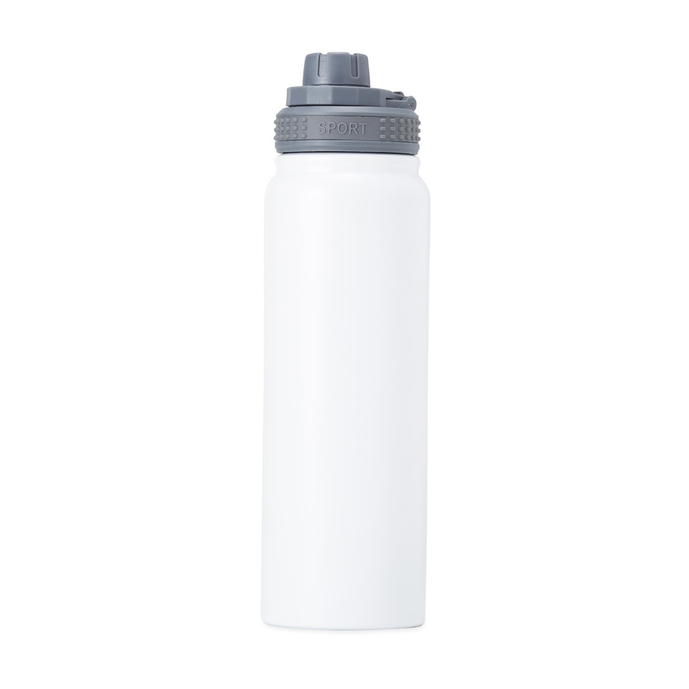 Garrafa térmica 850 ml de inox com infusor e alça personalizada com a logo da empresa, na cor branco / cinza