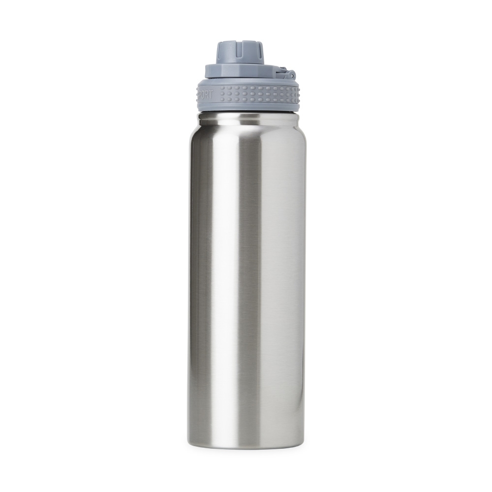Garrafa térmica 850 ml de inox com infusor e alça personalizada com a logo da empresa, na cor inox