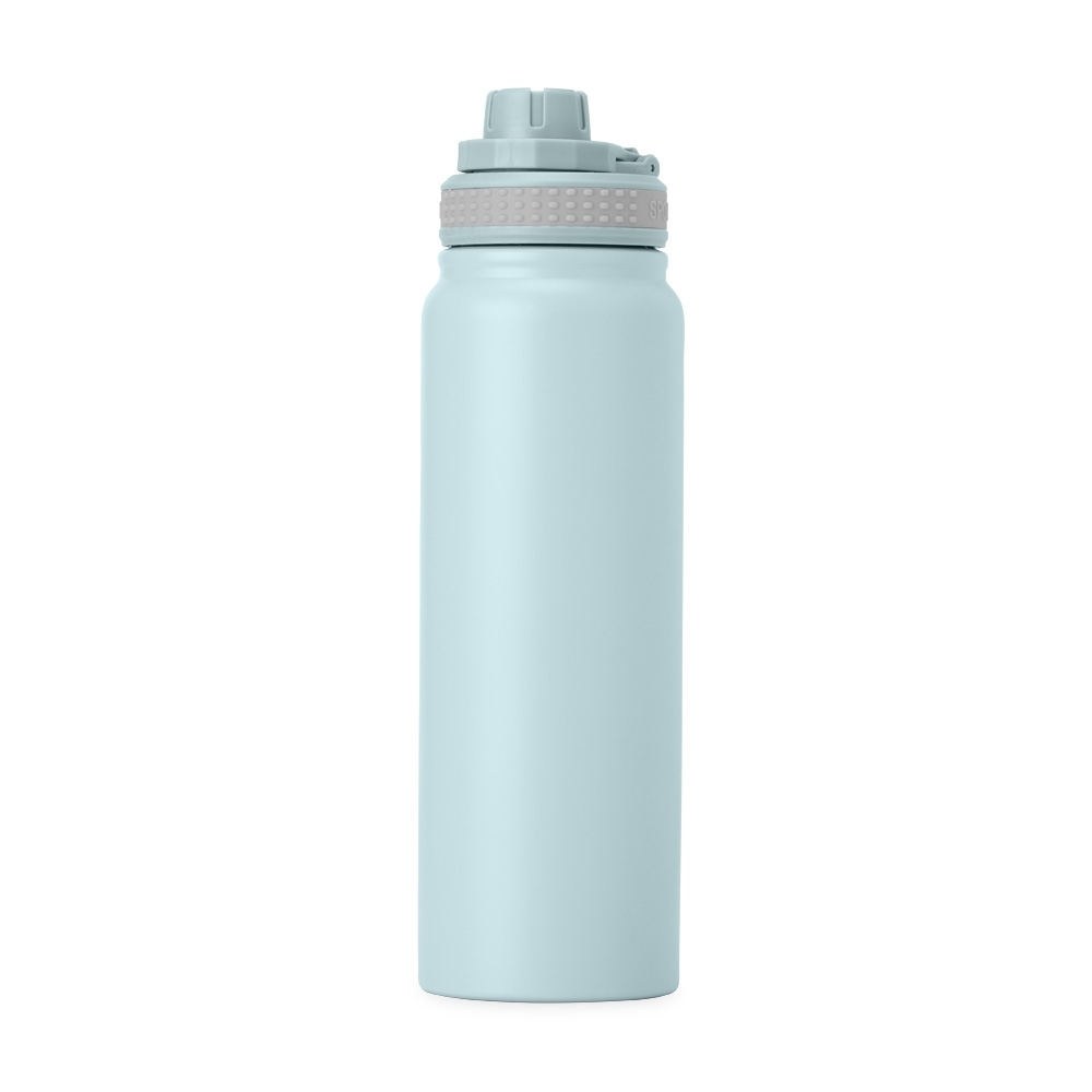 Garrafa térmica 850 ml de inox com infusor e alça personalizada com a logo da empresa, na cor turquesa / cinza