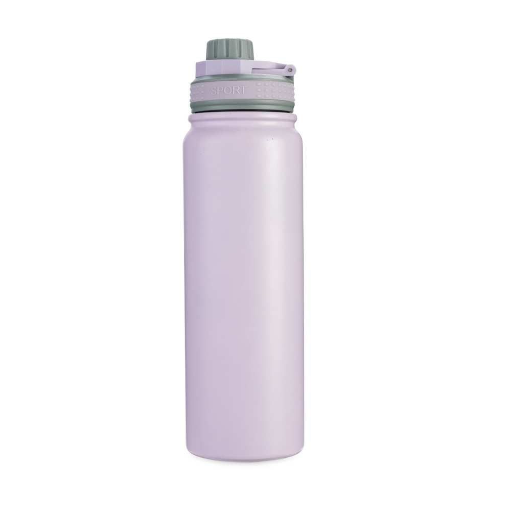 Garrafa térmica 850 ml de inox com infusor e alça modelo 2 personalizada com a logo da empresa, na cor lilás / cinza