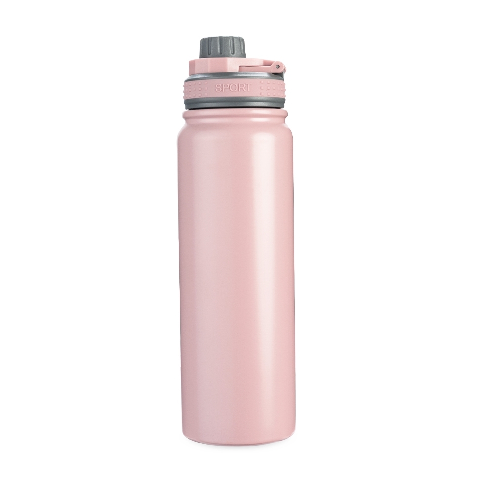 Garrafa térmica 850 ml de inox com infusor e alça modelo 2 personalizada com a logo da empresa, na cor rosa