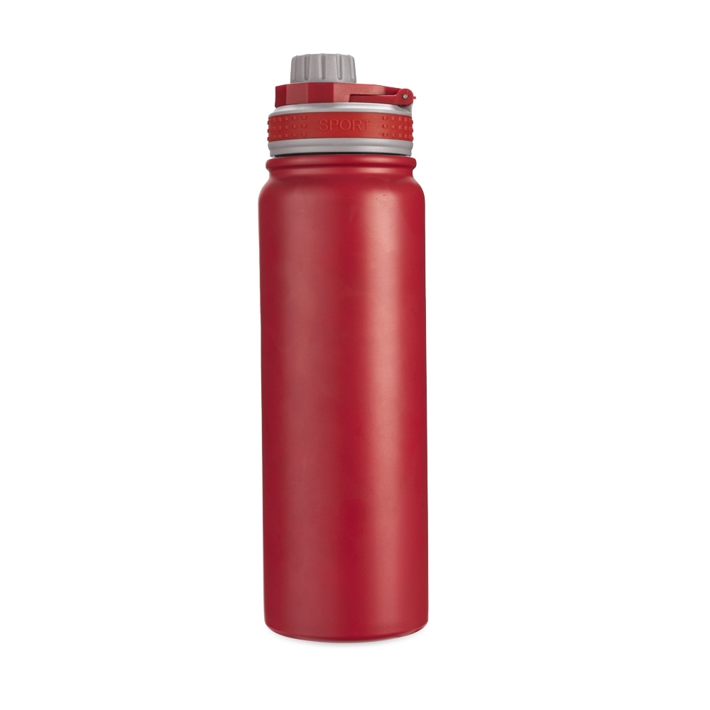 Garrafa térmica 850 ml de inox com infusor e alça modelo 2 personalizada com a logo da empresa, na cor vermelho