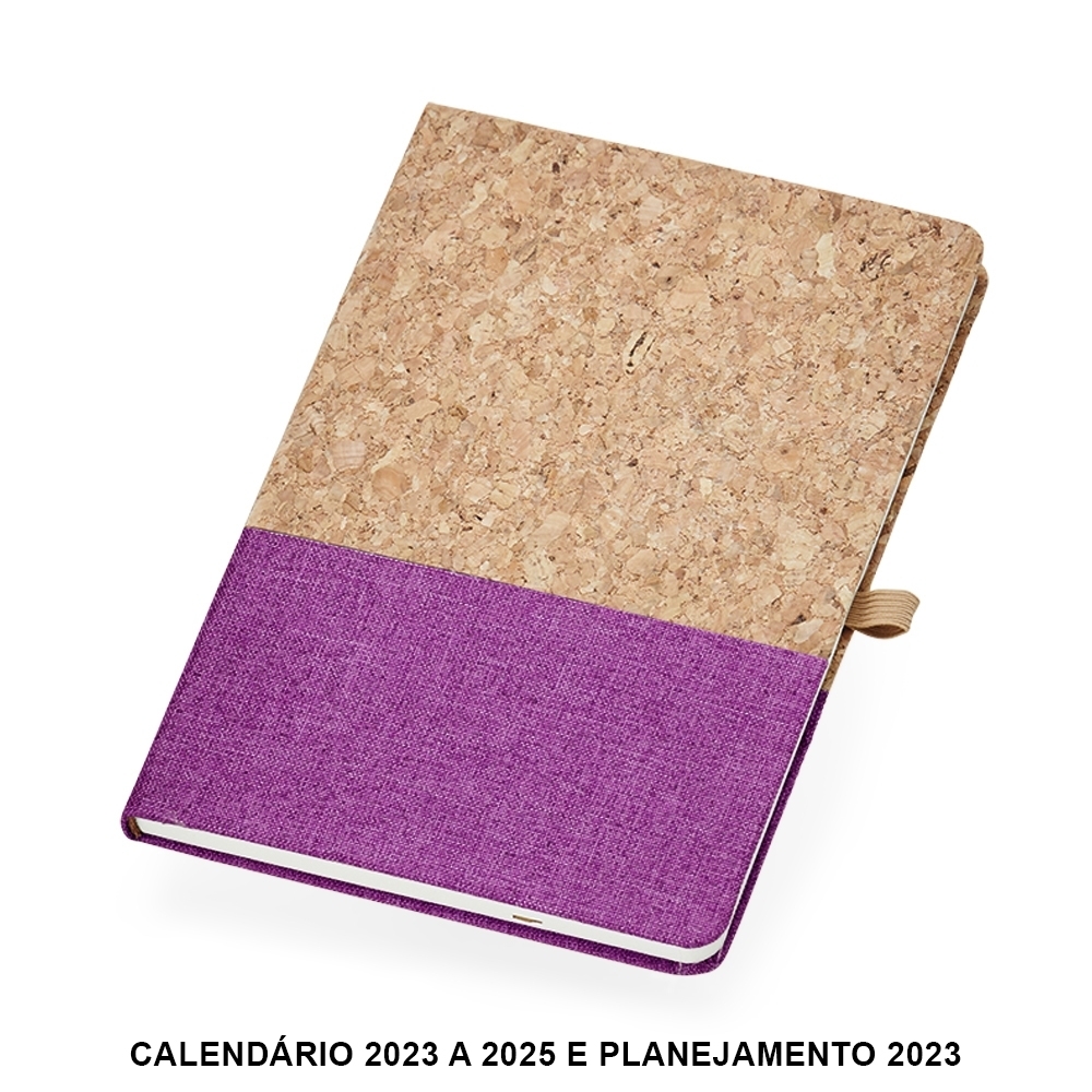 Caderneta cortiça personalizada com a logo da empresa, na cor roxo / bege