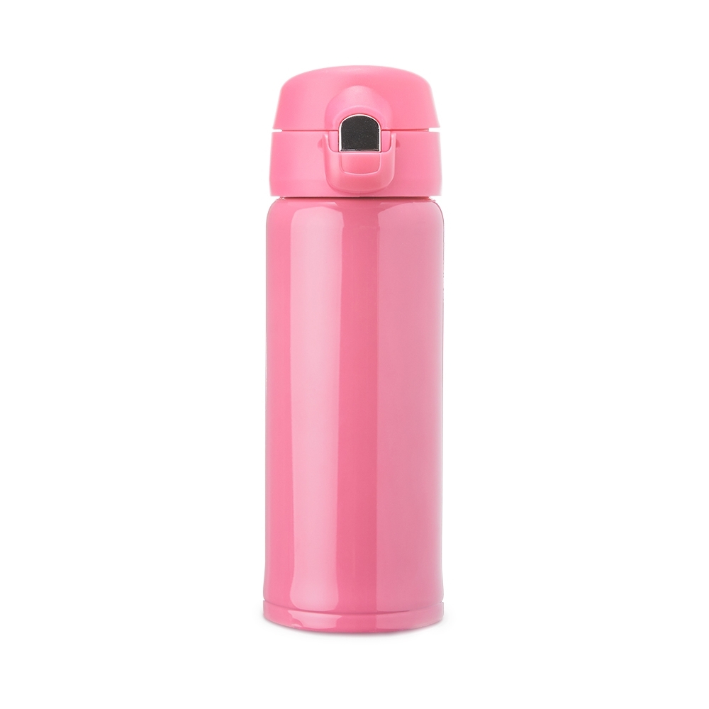 Garrafa térmica inox 400 ml com tampa de botão personalizada com a logo da empresa, na cor pink / prata