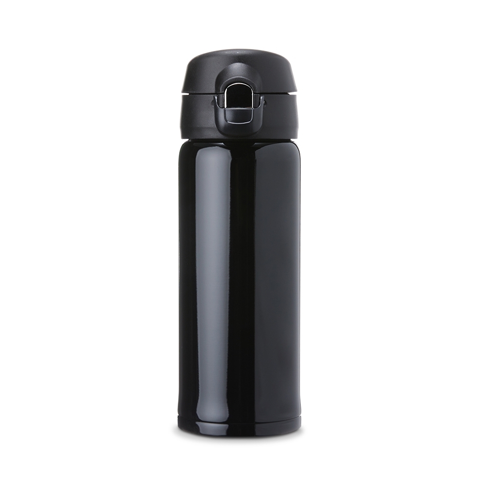 Garrafa térmica inox 400 ml com tampa de botão na cor Preto / Prata, personalizada com a logo da empresa