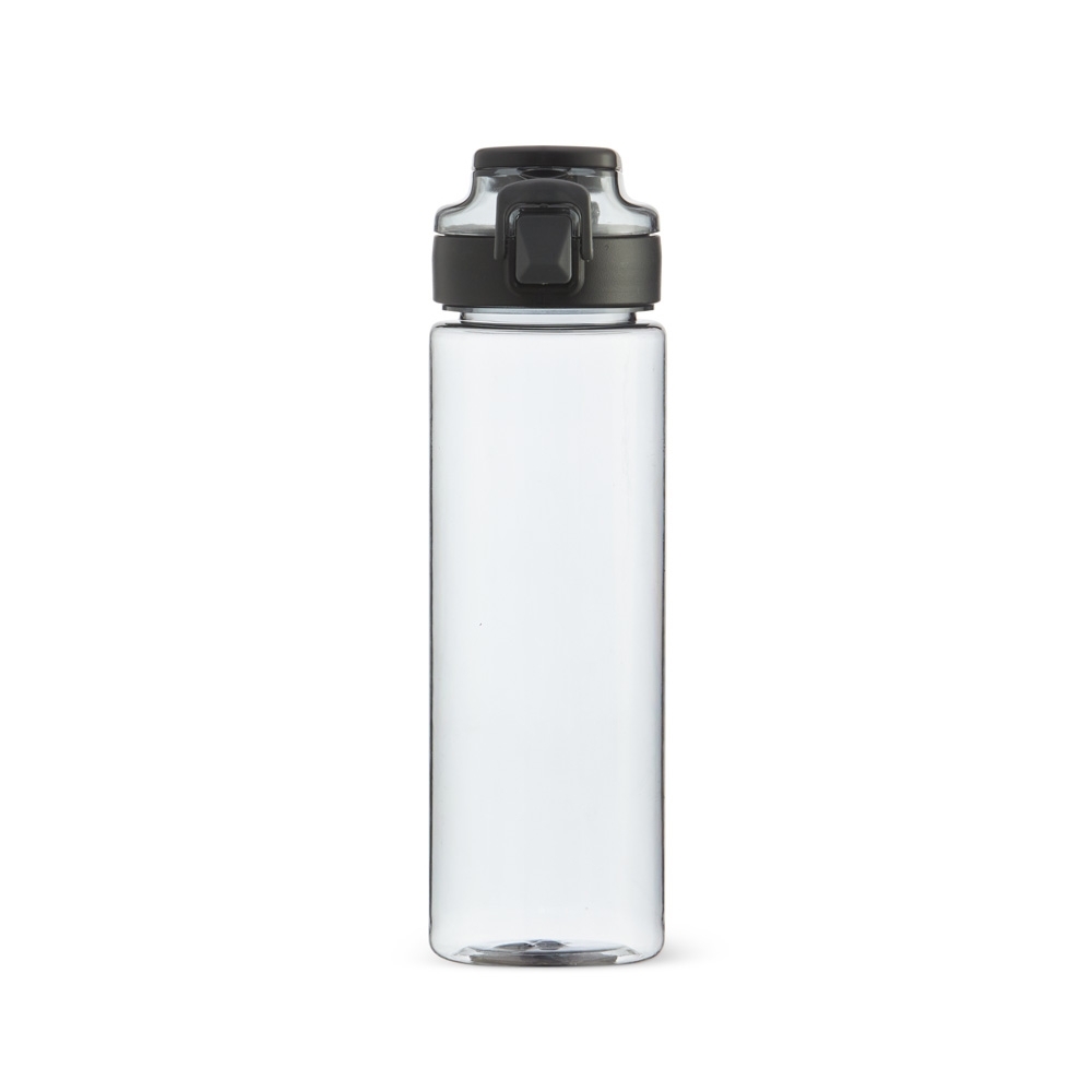Squeeze plástico 750 ml com tampa de botão e alça na cor Fumê, personalizado com a logo da empresa