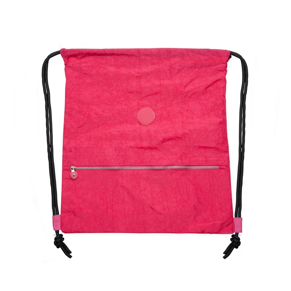 Sacochila nylon impermeável com bolso frontal personalizada com a logo da empresa, na cor pink