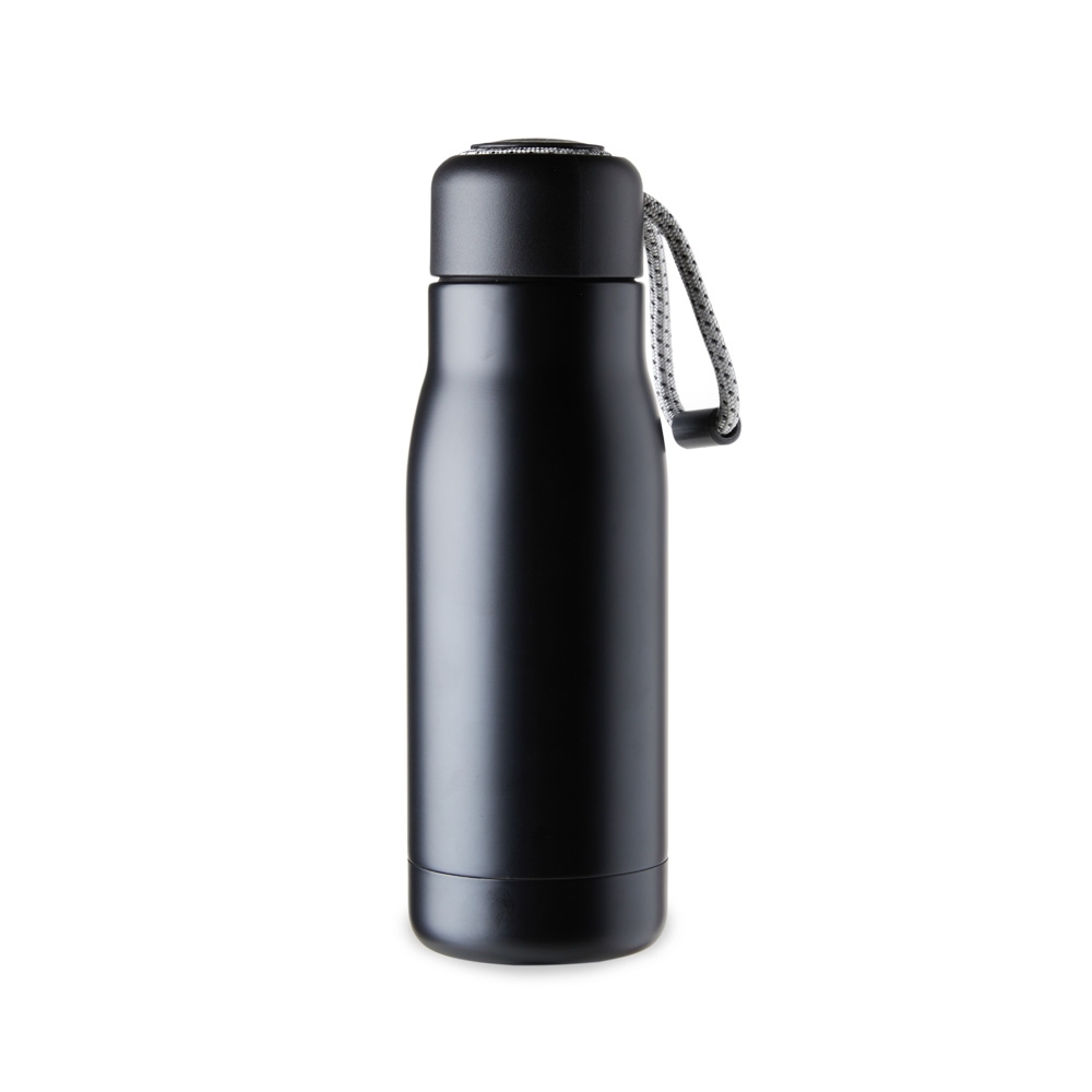 Garrafa térmica de inox com cordão 420 ml na cor Preto, personalizada com a logo da empresa