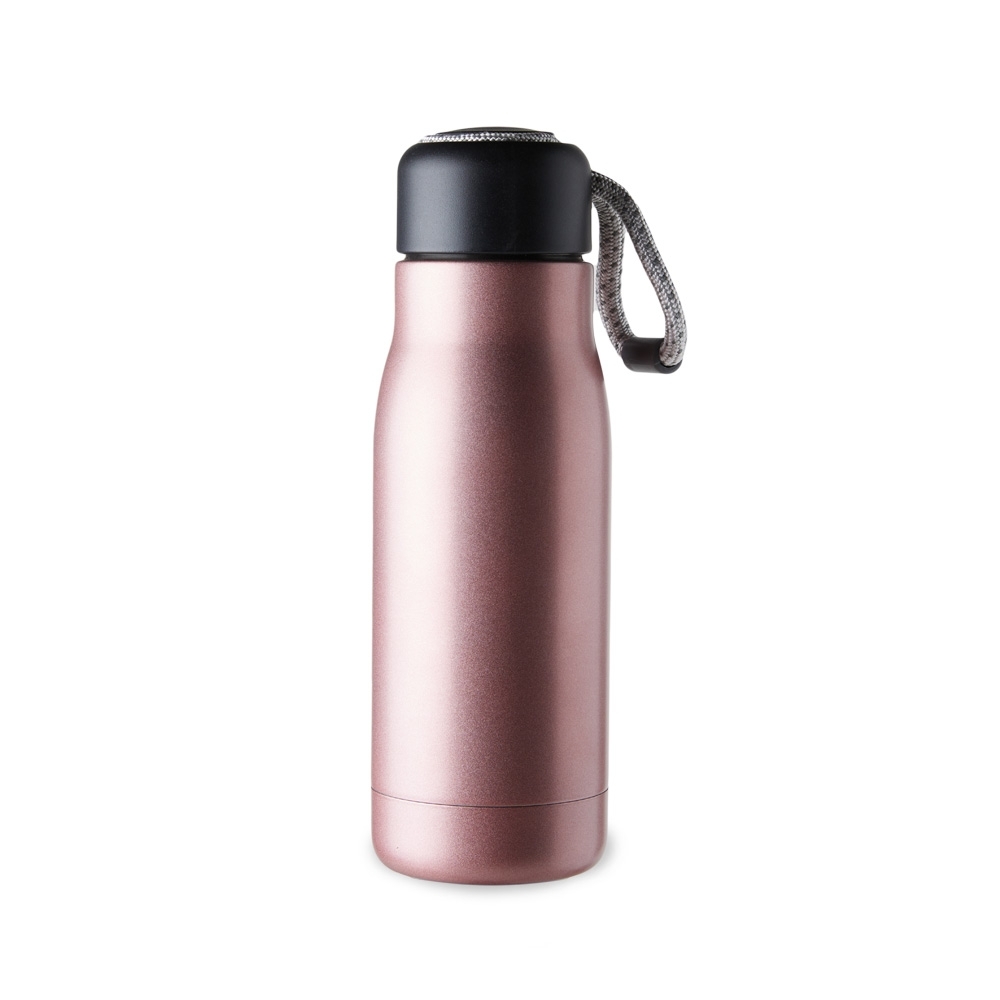 Garrafa térmica de inox com cordão 420 ml personalizada com a logo da empresa, na cor rosa / preto