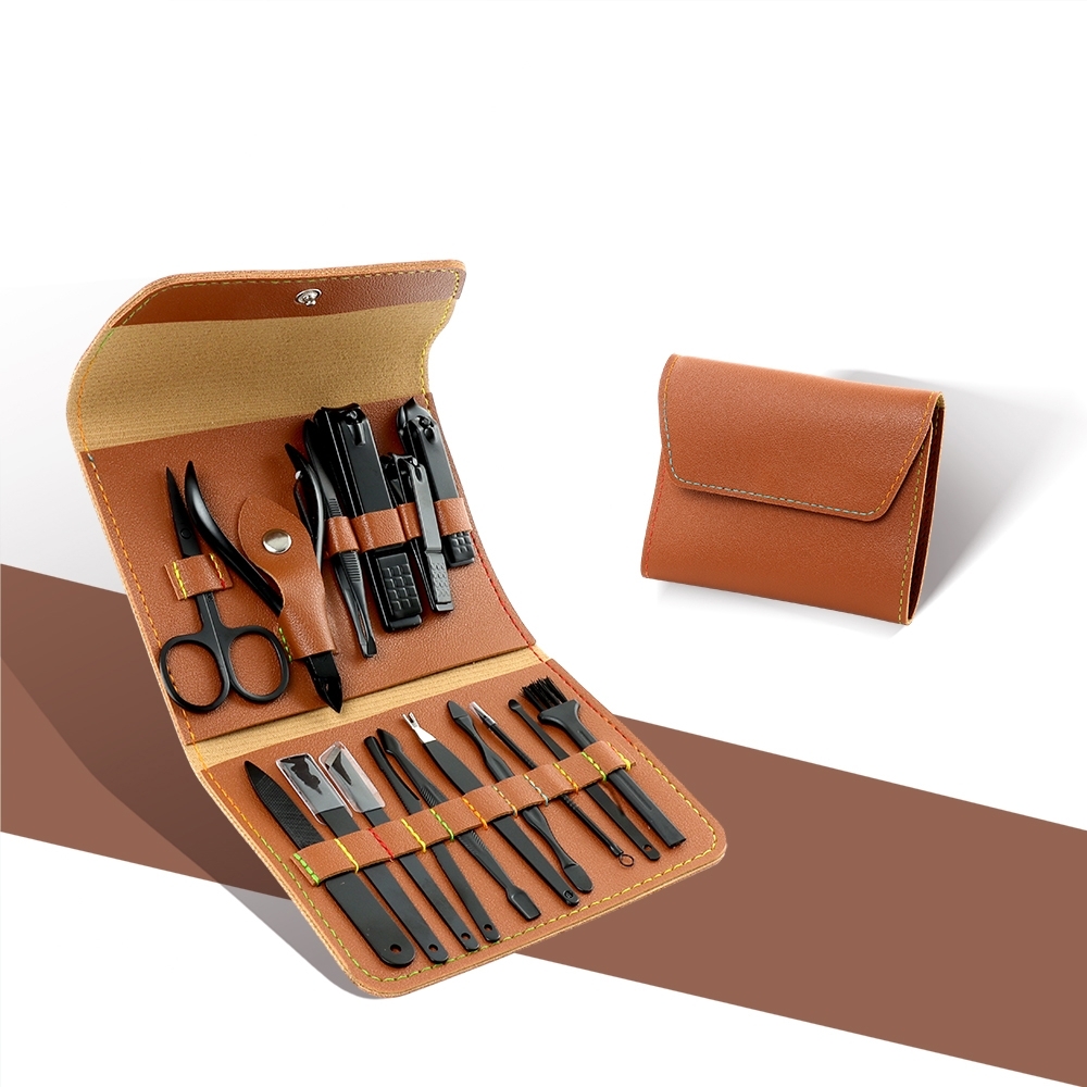 Kit manicure 16 peças na cor Marrom / Preto, personalizado com a logo da empresa