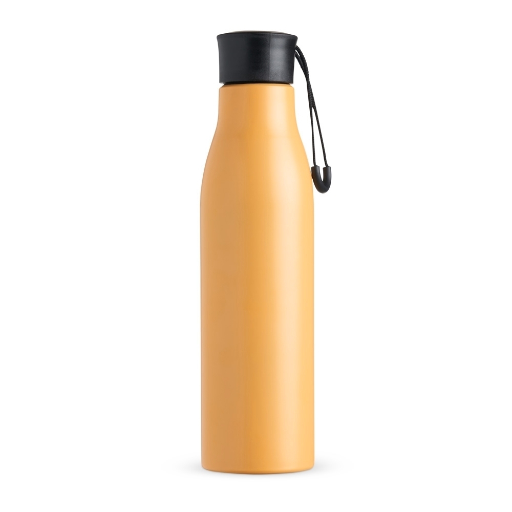 Garrafa inox 800 ml com pintura colorida e alça na tampa personalizada com a logo da empresa, na cor amarelo