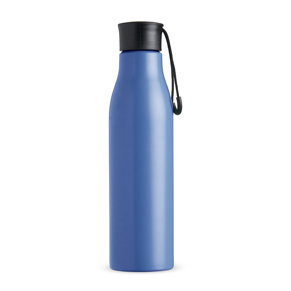 Garrafa inox 800 ml com pintura colorida e alça na tampa personalizada com a logo da empresa, na cor azul / preto