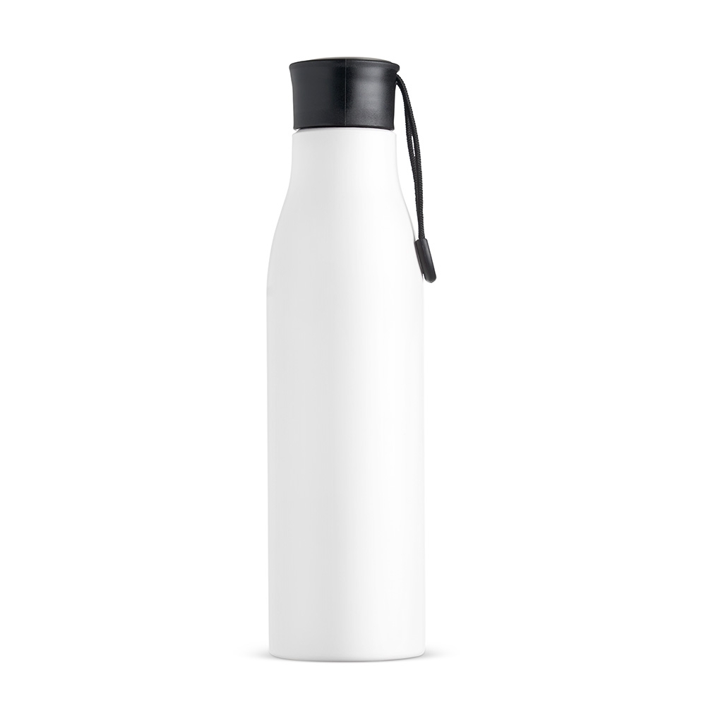 Garrafa inox 800 ml com pintura colorida e alça na tampa personalizada com a logo da empresa, na cor branco / preto