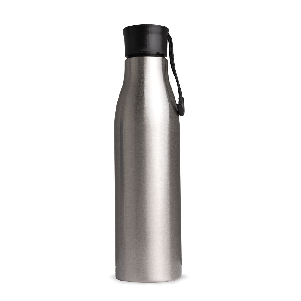 Garrafa inox 800 ml com pintura colorida e alça na tampa personalizada com a logo da empresa, na cor inox / preto