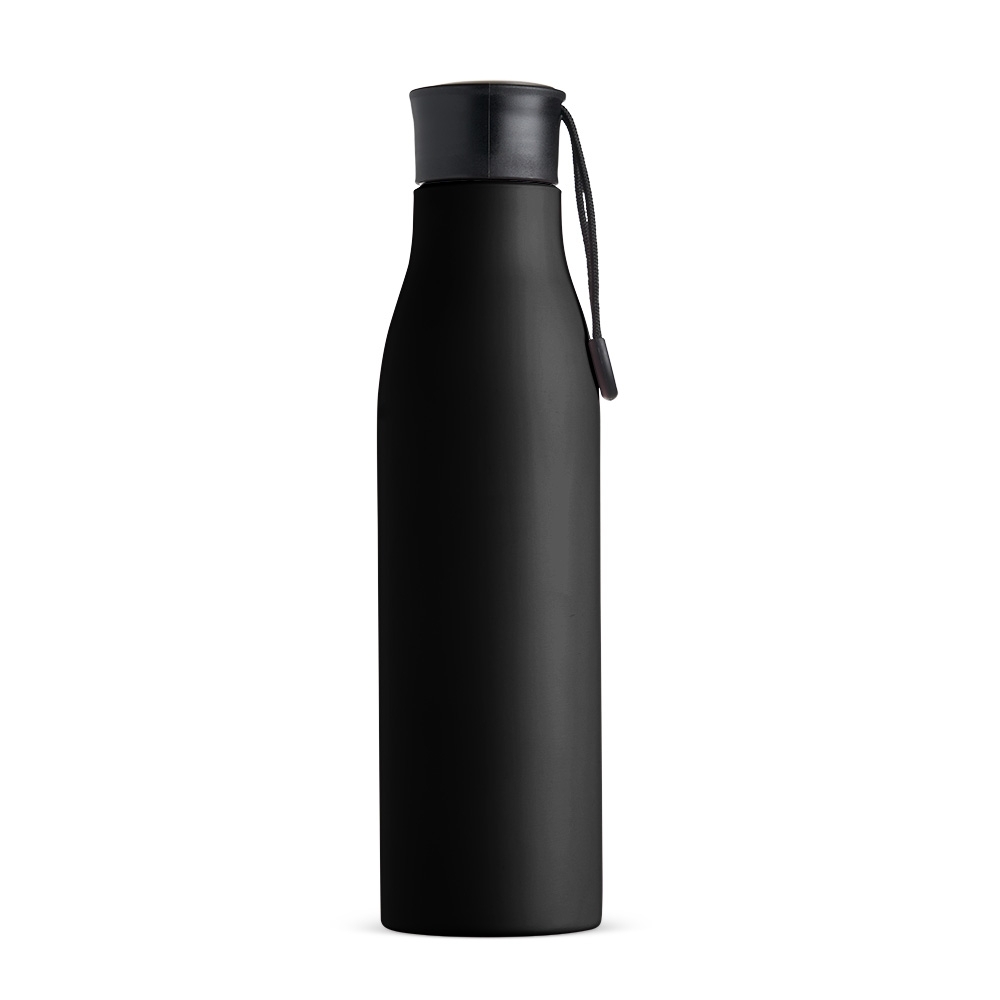 Garrafa inox 800 ml com pintura colorida e alça na tampa na cor Preto, personalizada com a logo da empresa