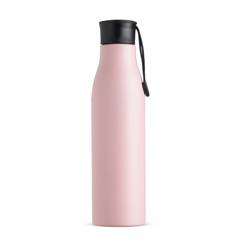 Garrafa inox 800 ml com pintura colorida e alça na tampa personalizada com a logo da empresa, na cor rosa