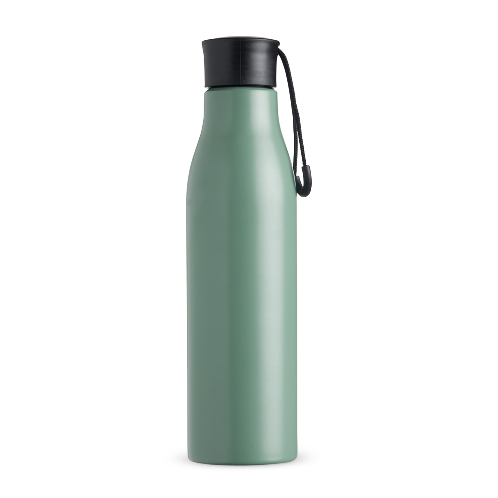 Garrafa inox 800 ml com pintura colorida e alça na tampa personalizada com a logo da empresa, na cor verde / preto