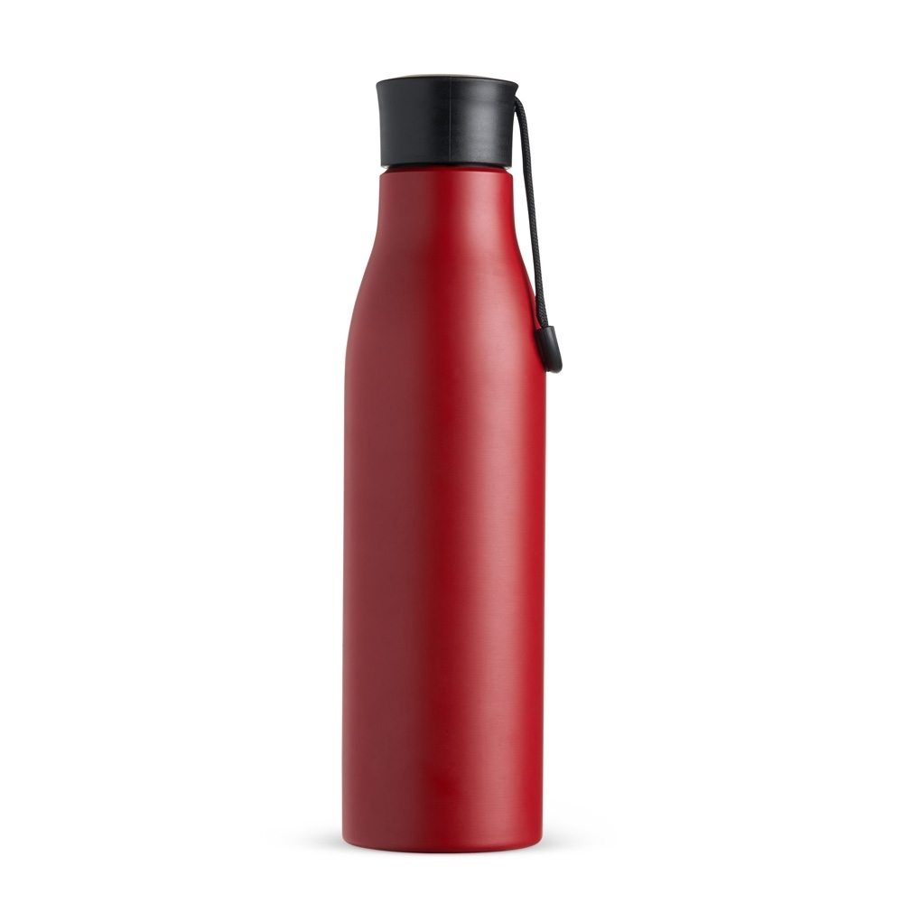 Garrafa inox 800 ml com pintura colorida e alça na tampa personalizada com a logo da empresa, na cor vermelho / preto
