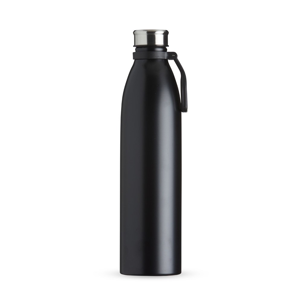 Garrafa inox 1,1 litro com alça plástica na cor Preto / Inox, personalizada com a logo da empresa