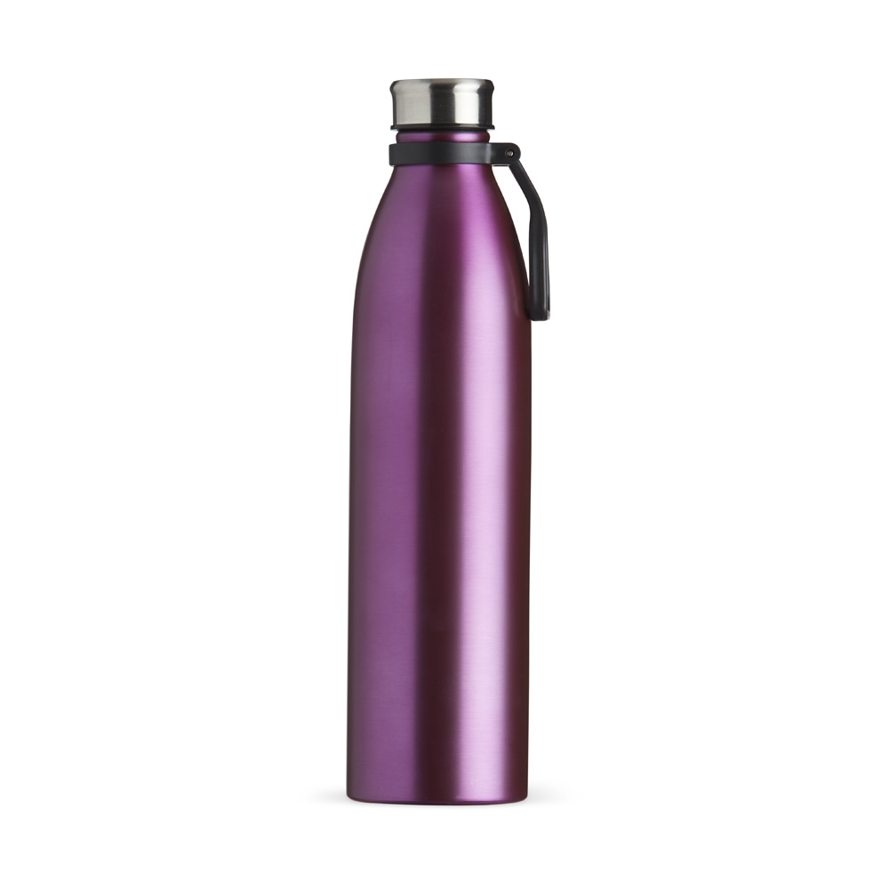 Garrafa inox 1,1 litro com alça plástica personalizada com a logo da empresa, na cor roxo