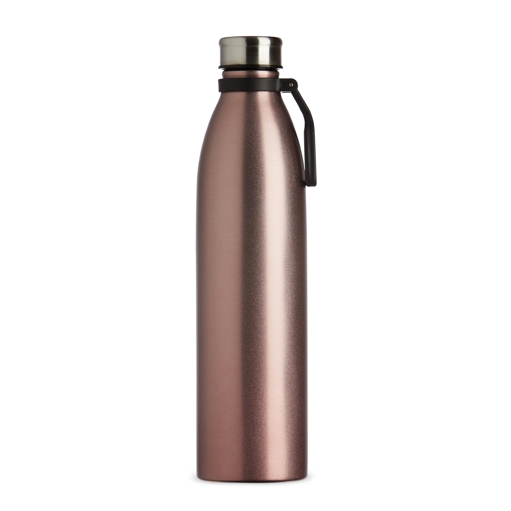 Garrafa inox 1,1 litro metalizada com alça plástica personalizada com a logo da empresa, na cor rosa / inox