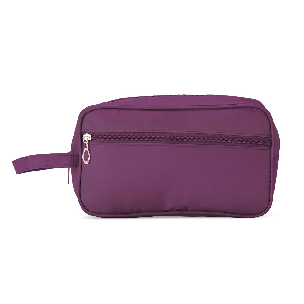 Nécessaire de poliéster impermeável com bolso frontal personalizada com a logo da empresa, na cor roxo