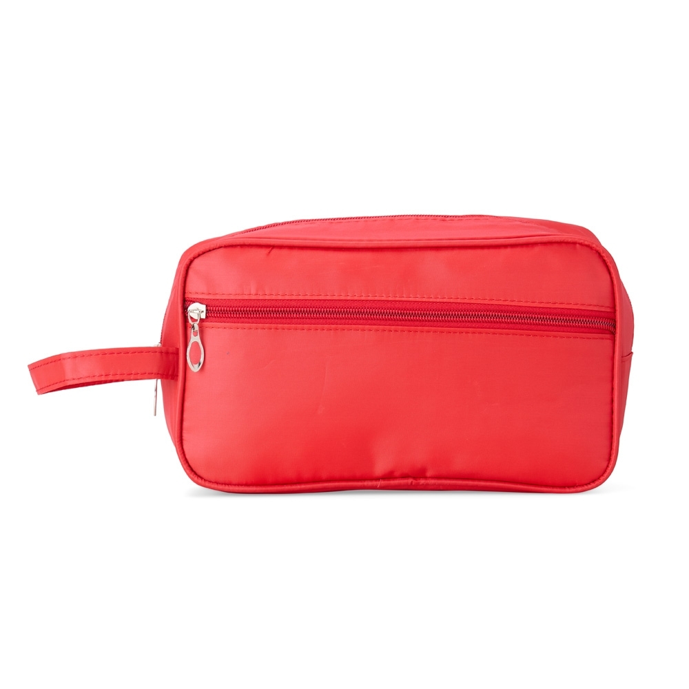 Nécessaire de poliéster impermeável com bolso frontal personalizada com a logo da empresa, na cor vermelho