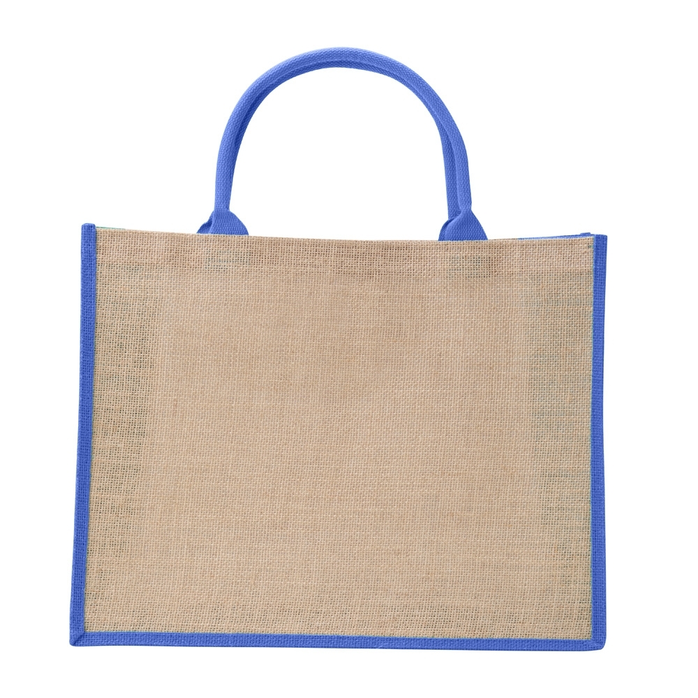 Sacola de juta grande personalizada com a logo da empresa, na cor azul