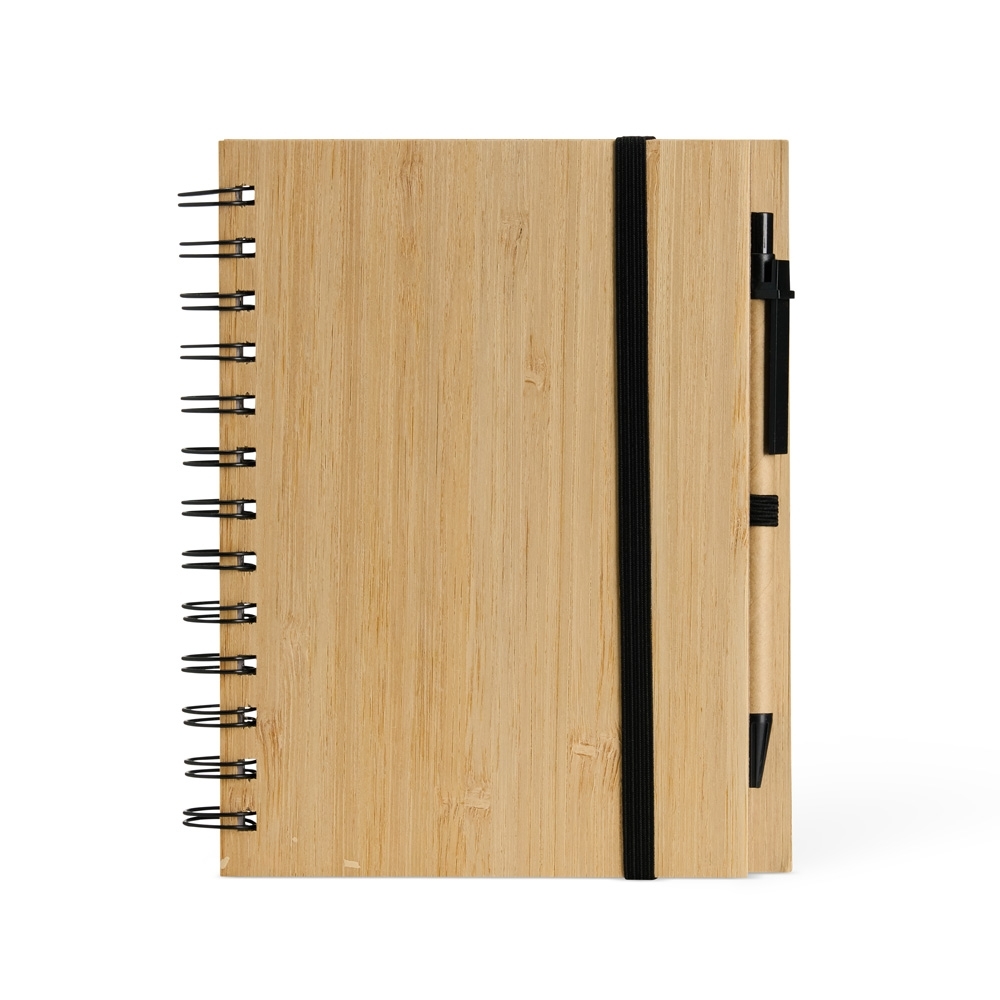 Bloco de anotações bambu com caneta e capa de papelão personalizado com a logo da empresa