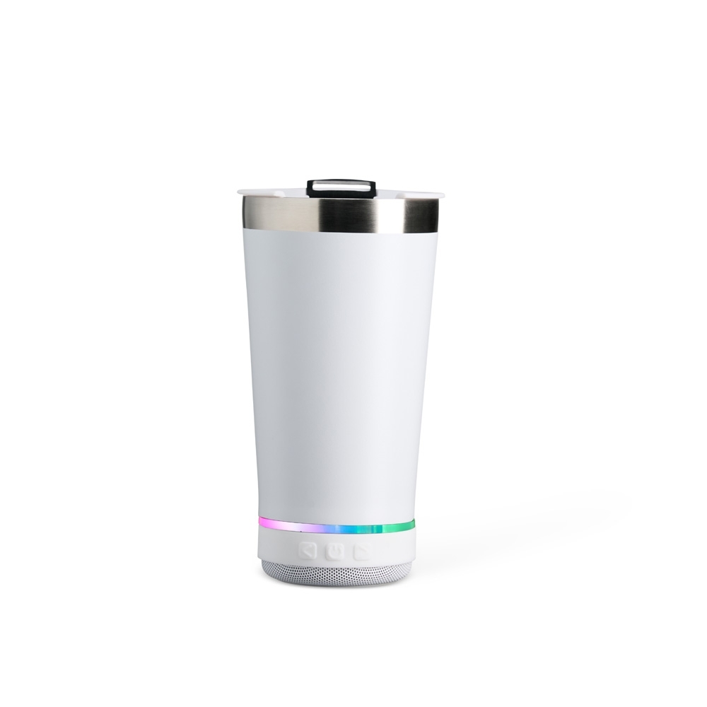 Copo térmico 400 ml de inox com caixa de som personalizado com a logo da empresa, na cor branco / inox